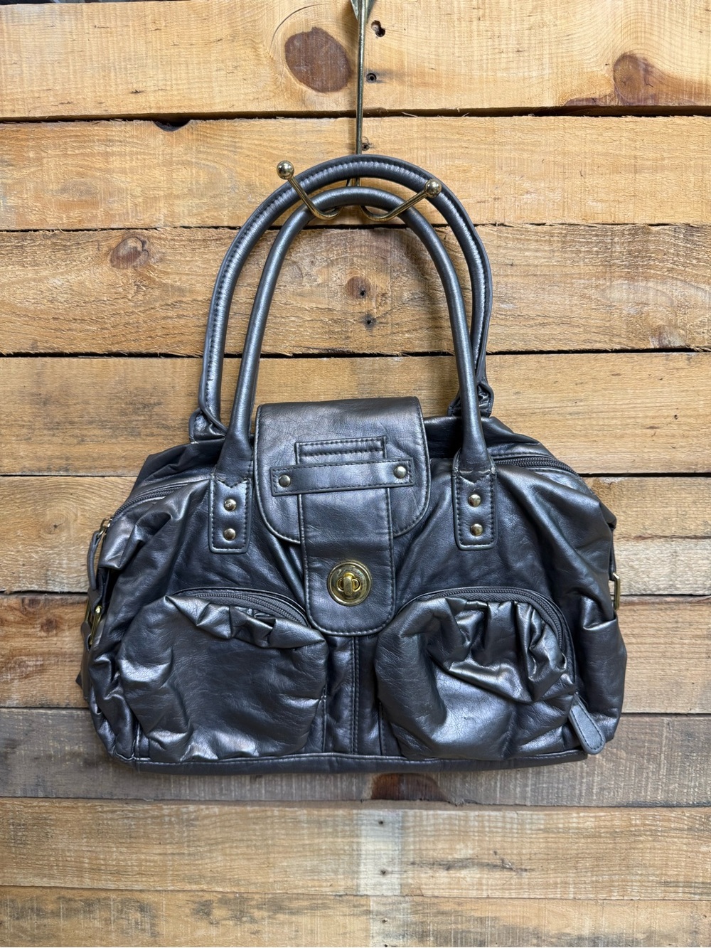 Vintage Style Metallic Satchel Bag Ruched Multi Pocket Purse